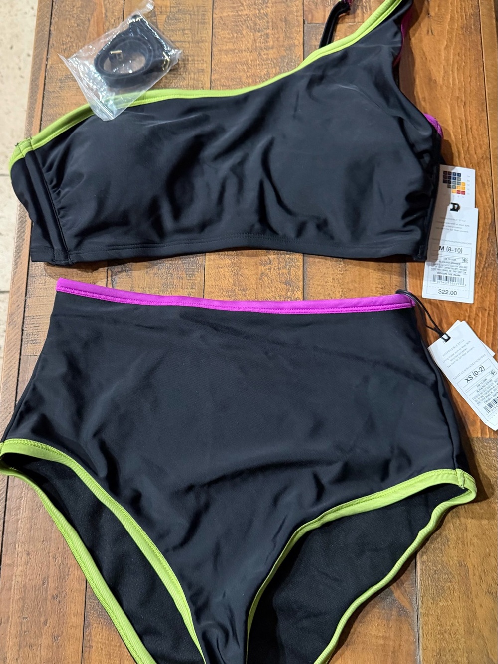 Target Black One-Shoulder Bikini with Lime Trim & Purple Waistband